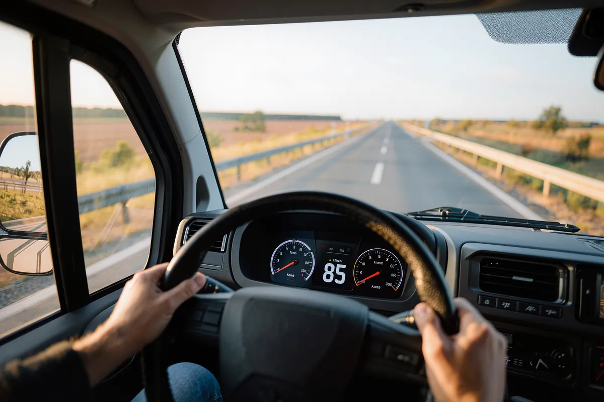 Gépkocsivezető kezei a kormányon egy kishaszongépjármű vezetőfülkéjében, a digitális kijelző 85 km/h sebességet mutat